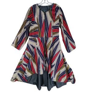 Ray Darten Midi Dress sz 2X Jacket‎ Coat High Low African Leaf Print Black Red